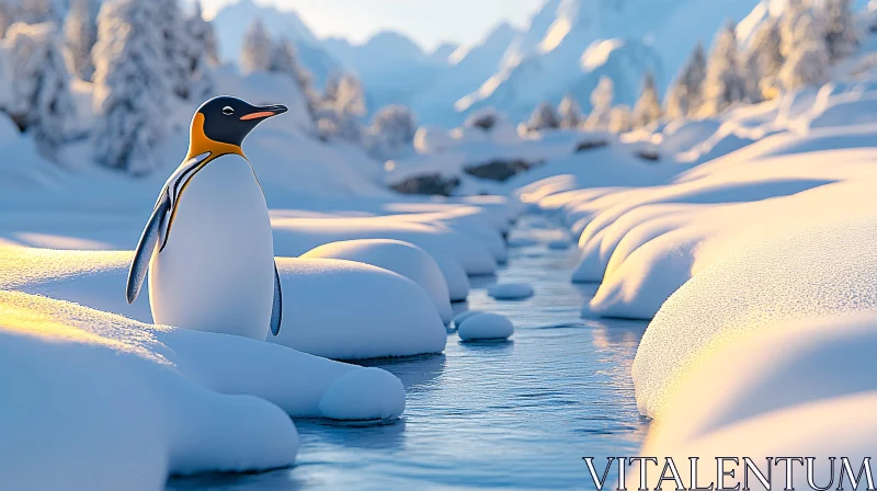 Serene Penguin in Snowy Landscape AI Image