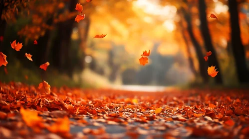 Falling Leaves in Autumn Forest