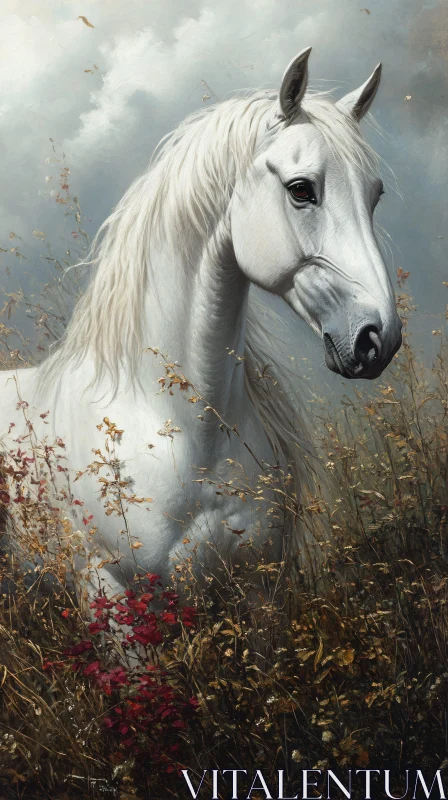 Elegant White Horse Amidst Autumn Weeds AI Image