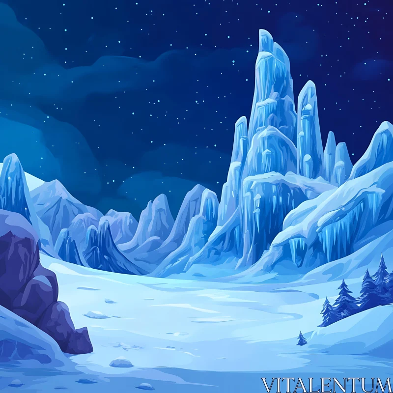 Frozen Mountains Under Starry Sky AI Image