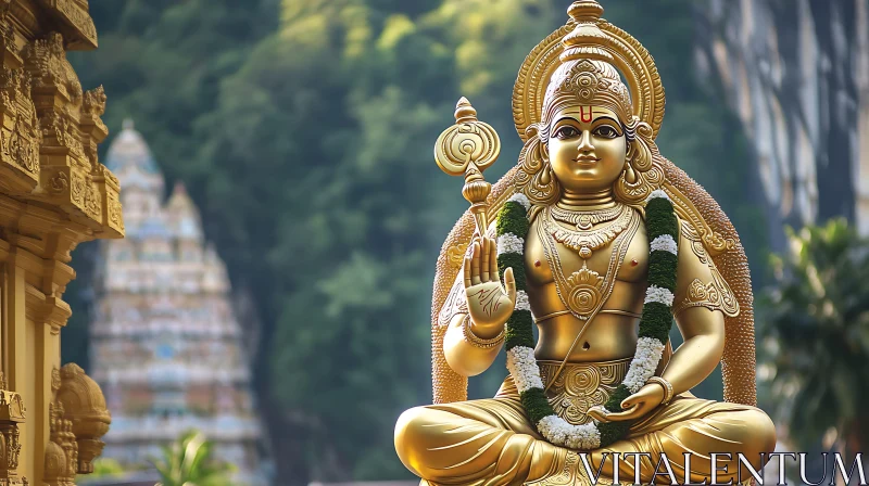 AI ART Golden Hindu Deity Statue with Greenery Backdrop