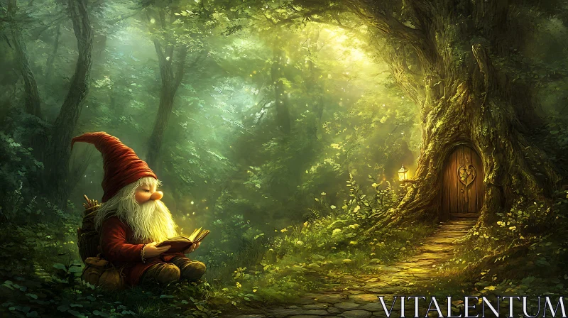 AI ART Gnome's Literary Moment in the Woods