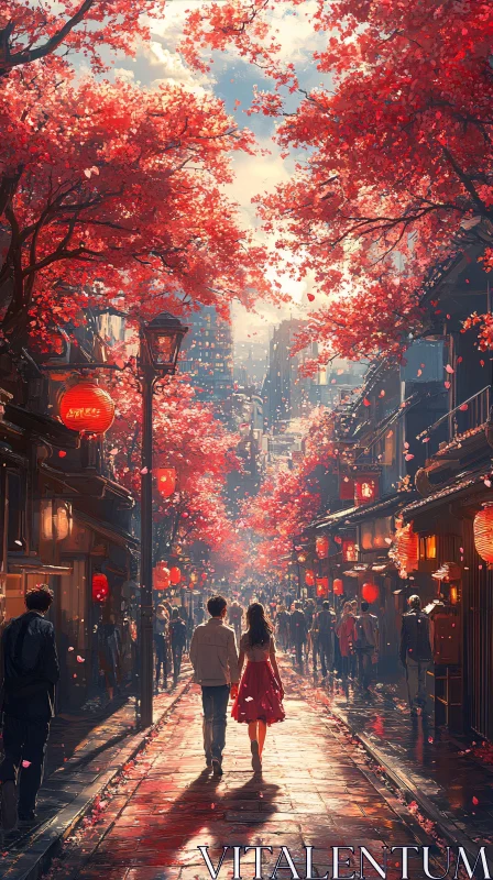 Couple Walking on Picturesque Street AI Image