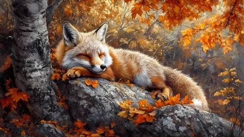 Fox Resting Among Autumn Leaves