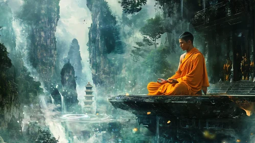 Serene Meditation: Monk in Mountain Vista