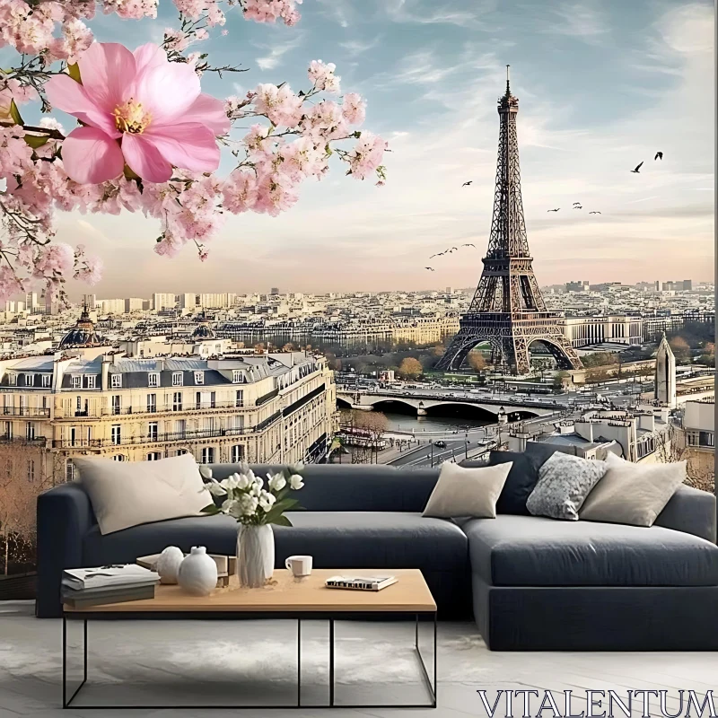 AI ART Parisian Living Room with Eiffel Tower Mural