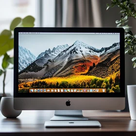 Apple iMac on Desk with Scenic Mountain Display