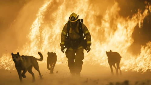 Heroic Firefighter and Dogs in Fiery Rescue