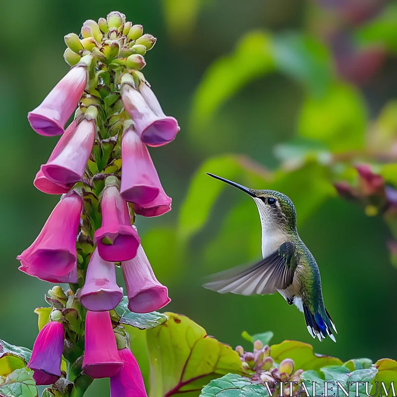 Hummingbird Flying Near Pink Flowers AI Image