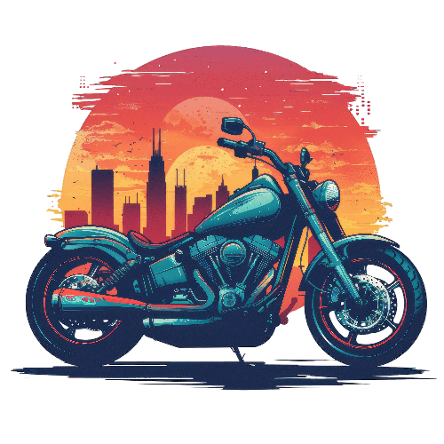 Blue and Gray Chopper Motorcycle Digital Art with Sunset Backdrop