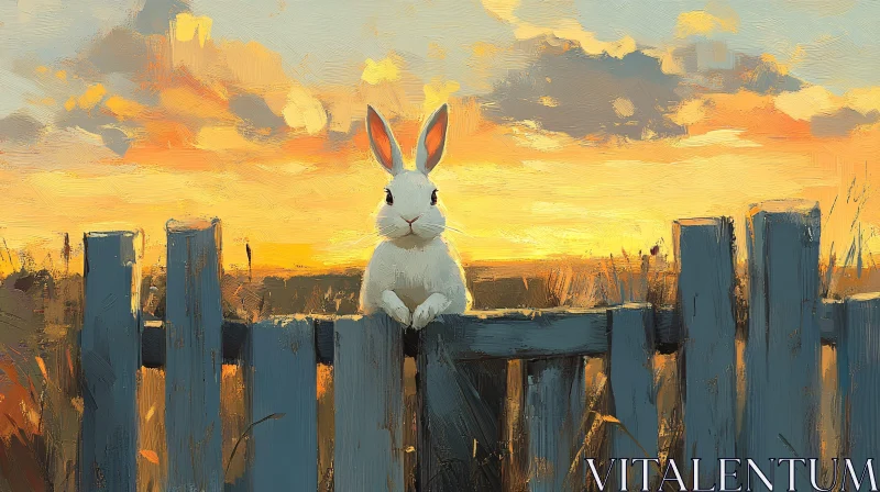 AI ART White Bunny on Fence at Sunset