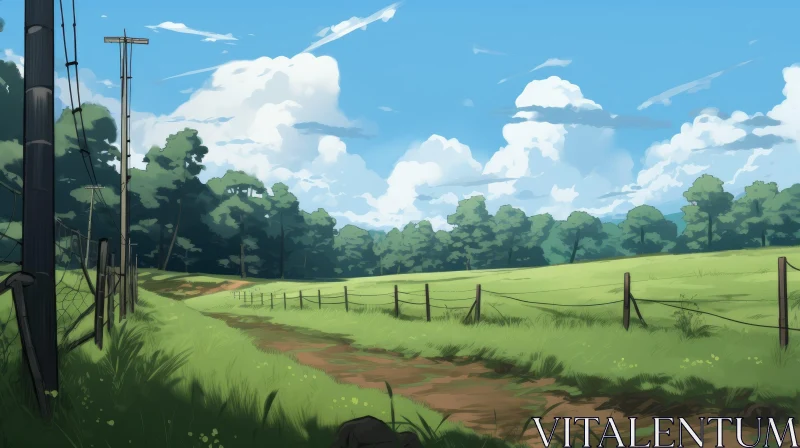AI ART Captivating Field in Wooded Area: A Serene Landscape Drawing