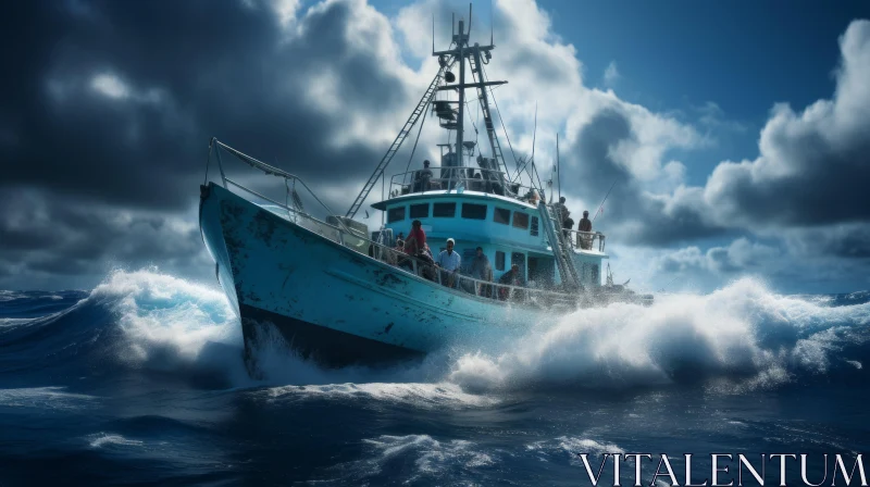 Captivating Fishing Boat in Turbulent Waters | Ocean Academia AI Image