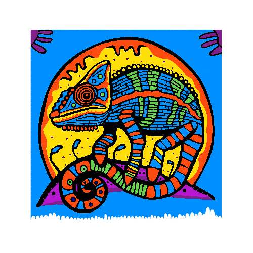 Colorful Chameleon T-Shirt Print in Folk Art Style