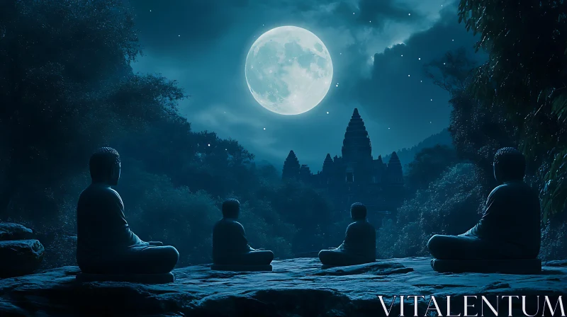 Moonlit Meditation at Ancient Temple AI Image