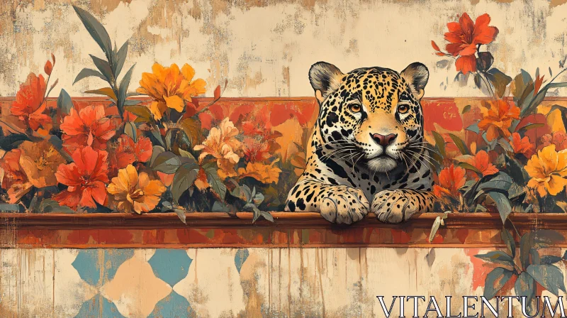 AI ART Wildlife Art: Leopard and Flowers