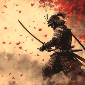 Warrior with Katana in Falling Leaves