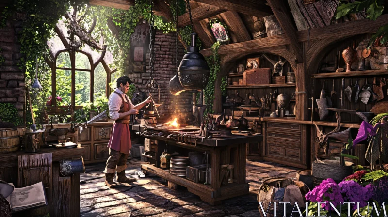 Rustic Blacksmith Workshop Scene AI Image