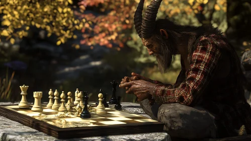 Horned Character Playing Chess Outdoors