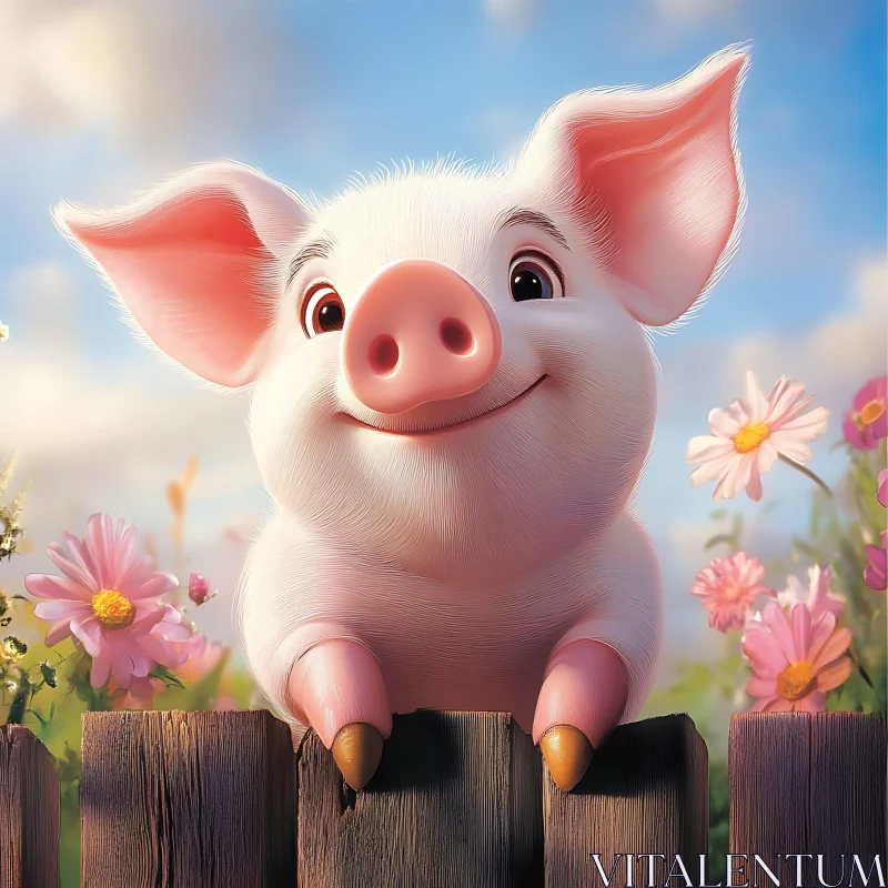 Happy Pig with Flowers in Cartoon Style AI Image