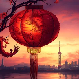 Urban Sunset with Chinese Lantern