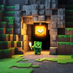 Green Pixel Character in Stone Cave