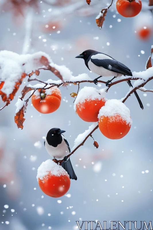 Birds and Persimmon Fruits in Winter AI Image