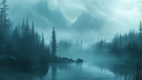 Misty Mountain Lake Scene