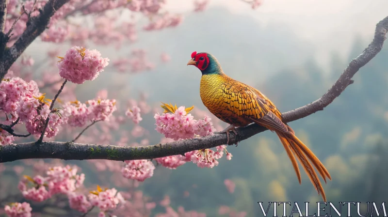 Golden Pheasant on Flowering Branch AI Image