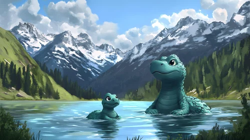 Cartoon Dinosaurs in Mountain Lake