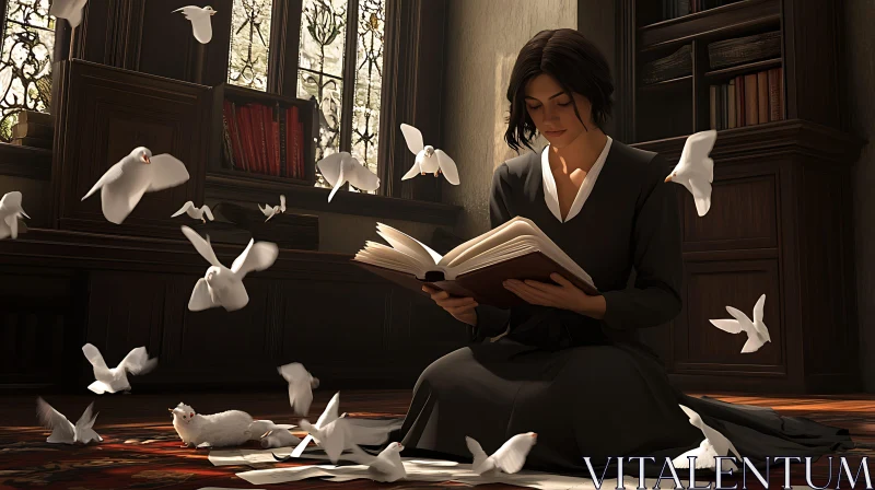 AI ART Woman Reading Book with Doves