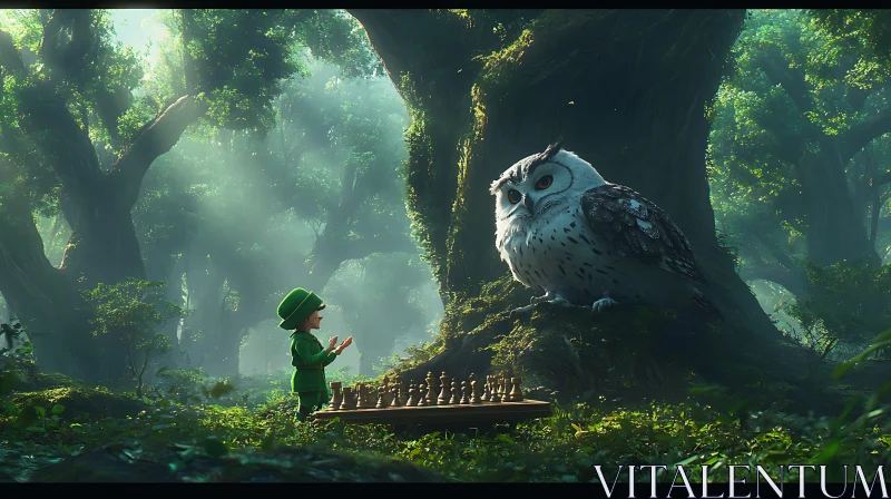 Child and Owl Chess Adventure AI Image