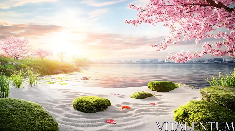 Sunset at a Blossom-Edged Lake AI Image