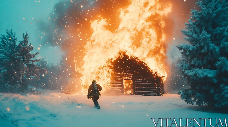 Firefighter Rushing to Cabin Fire in the Snow AI Image