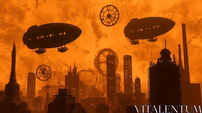 Airships and Gears in Steampunk City AI Image