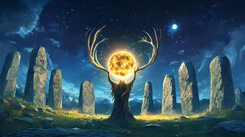 Ancient Stones and Magic Orb under Moonlight