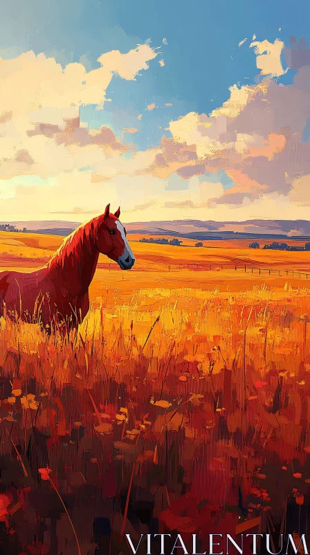 Horse in Golden Fields AI Image