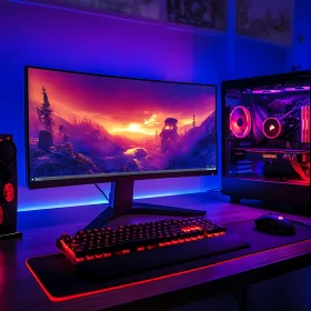 Gaming PC Setup with Ambient LED Lighting