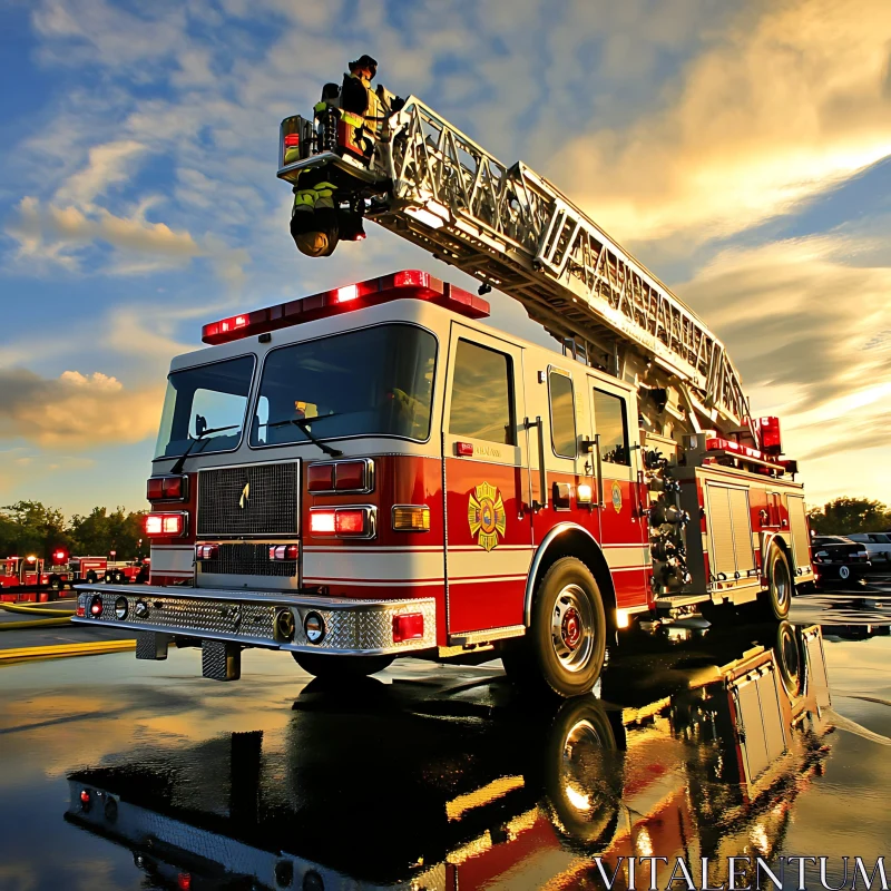 Emergency Fire Truck and Firefighter at Dusk AI Image