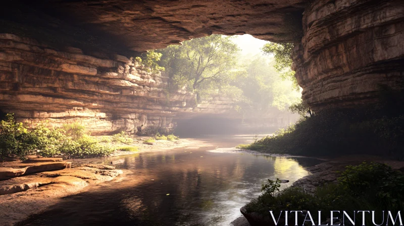 AI ART Peaceful Cave Opening with Sunlit Stream