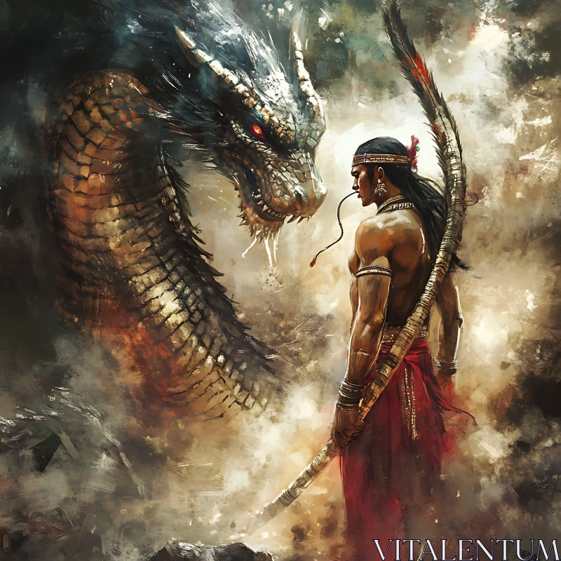 AI ART Ancient Warrior Facing a Dragon