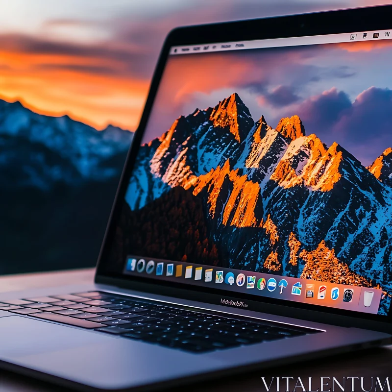 Laptop with Mountain Landscape and Sunset AI Image