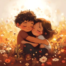 Kids Hugging in Flower Field Artwork