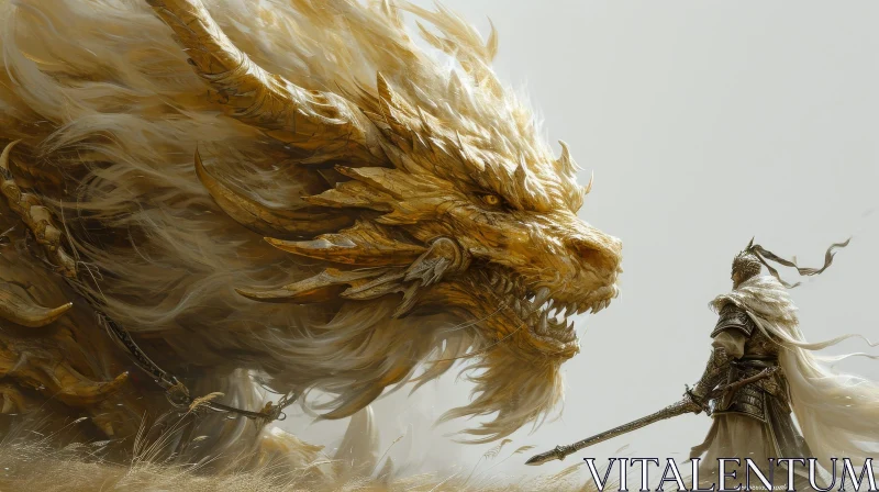 Epic Fantasy Painting: Golden Dragon and Human Warrior Battle AI Image