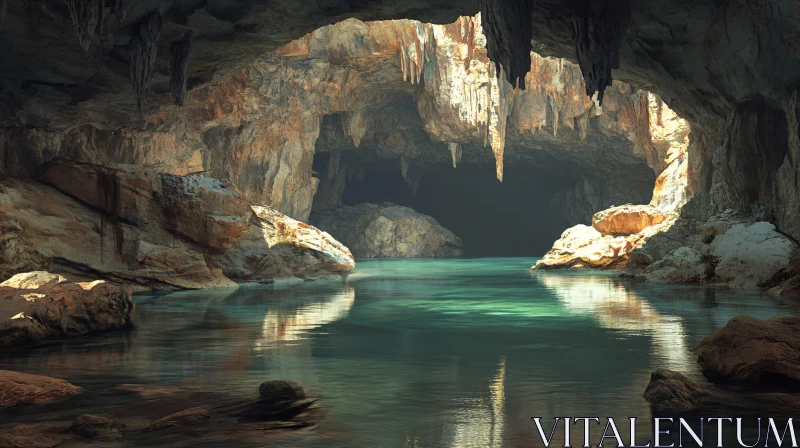 AI ART Sunlit Stalactite Cave with Reflective Waters