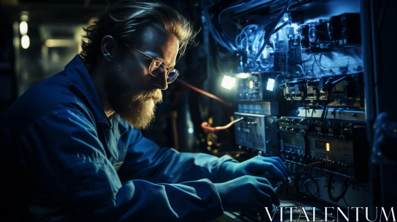 Meticulous Worker Engaging with Electrical Elements at Night | Hyper-Detailed Portrait AI Image