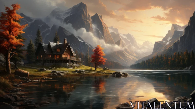 Mountain Cabin by the Lake: A Masterpiece in Red and Amber AI Image