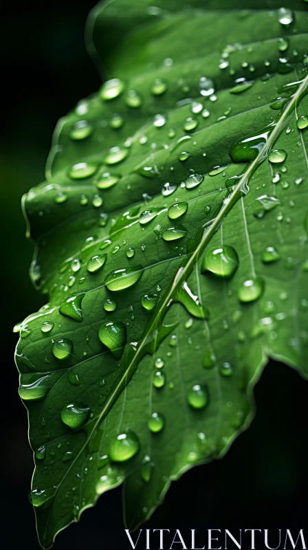 Photorealistic Leaf with Water Droplets in Mysterious Jungle AI Image