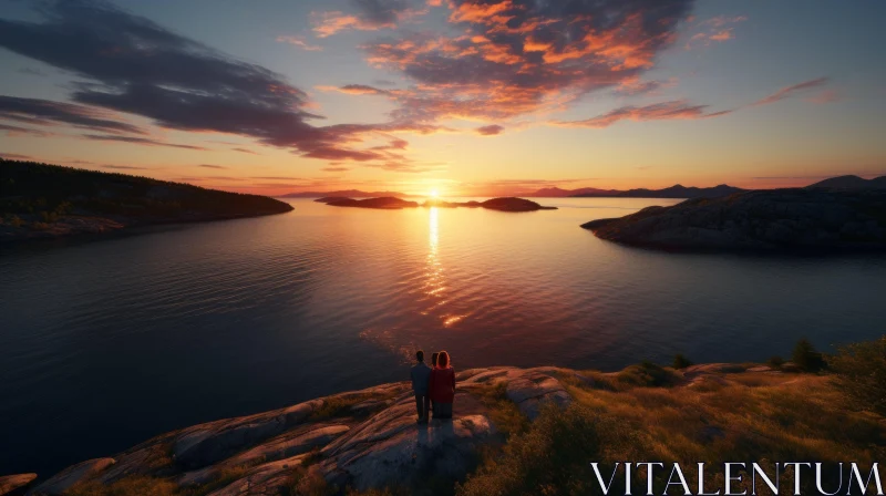 Romantic Sunset: Couple on Cliff Overlooking Norwegian Coast AI Image