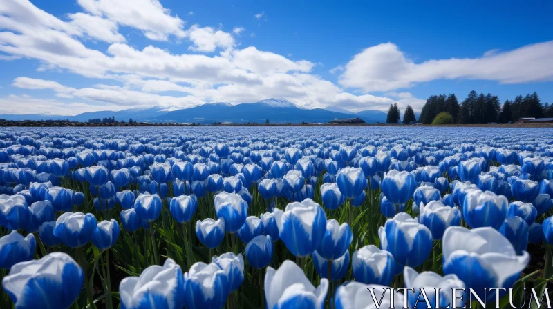 Scenic Japanese Style Landscape - Blue and White Tulip Field with Mountains AI Image